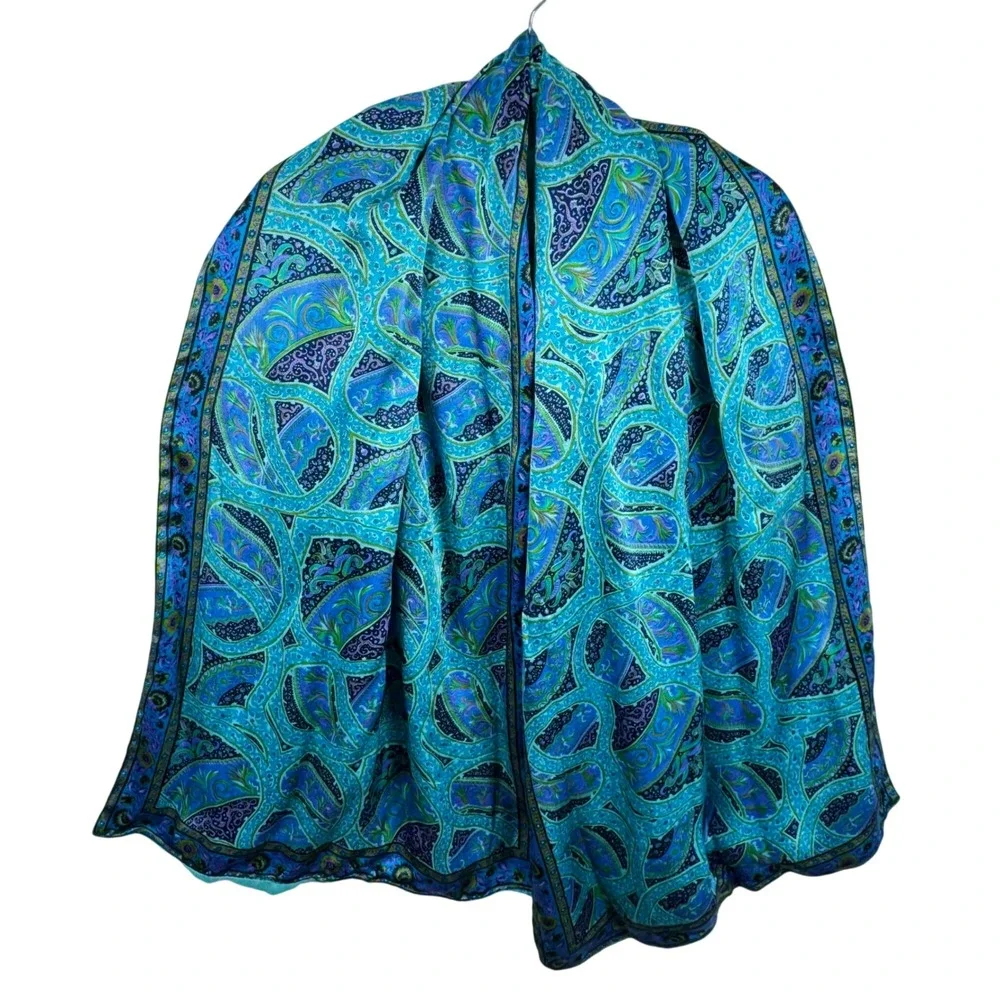 Teal‎ Turquoise Paisley Satin Wrap Scarf Bohemian Floral Border Shawl Stole